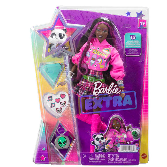 Barbie Extra Doll With Pet Panda, Pink-Streaked Brown Hair, Hoodie, Plaid Skirt and Accessories